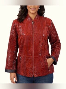 Chicos Red Leather Snakeskin Embossed Zip Up Reversible Jacket Shiney Sz L Chic